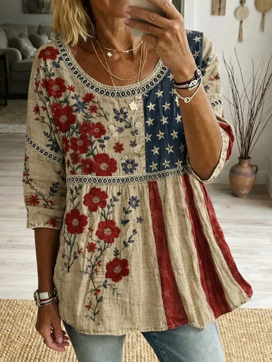 Women's Retro Casual Style Print Vintage Half Sleeves Shirt